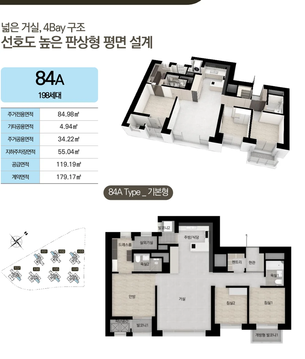84A 평면도 — 198세대, 주거전용 84.98㎡ / 공급 119.19㎡, 4Bay 판상형 구조